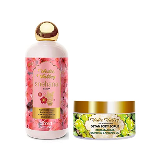 Vedic Valley Body Care Combo - Sakura Body Lotion 300ml & Demerara Sugar Scrub 250g for Healthy Skin | Natural Moisturizer & Exfoliator for Dry Skin Care, Spa & Daily Use