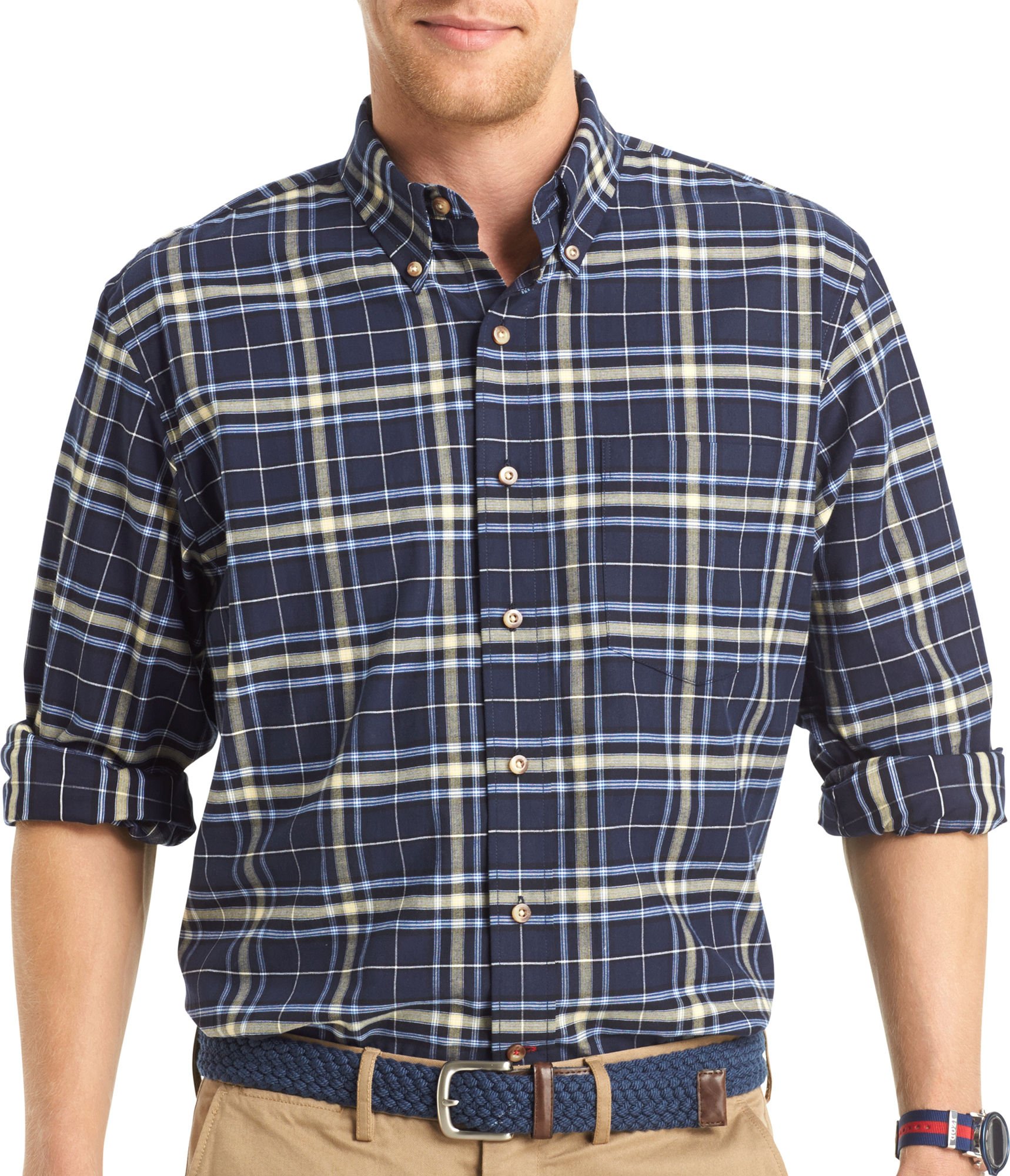 IZOD Men's Long Sleeve Tartan Non-Iron Plaid Shirt | Classic Button Down Dress Shirt | Perfect for Office, Casual Wear & Holiday Outfits