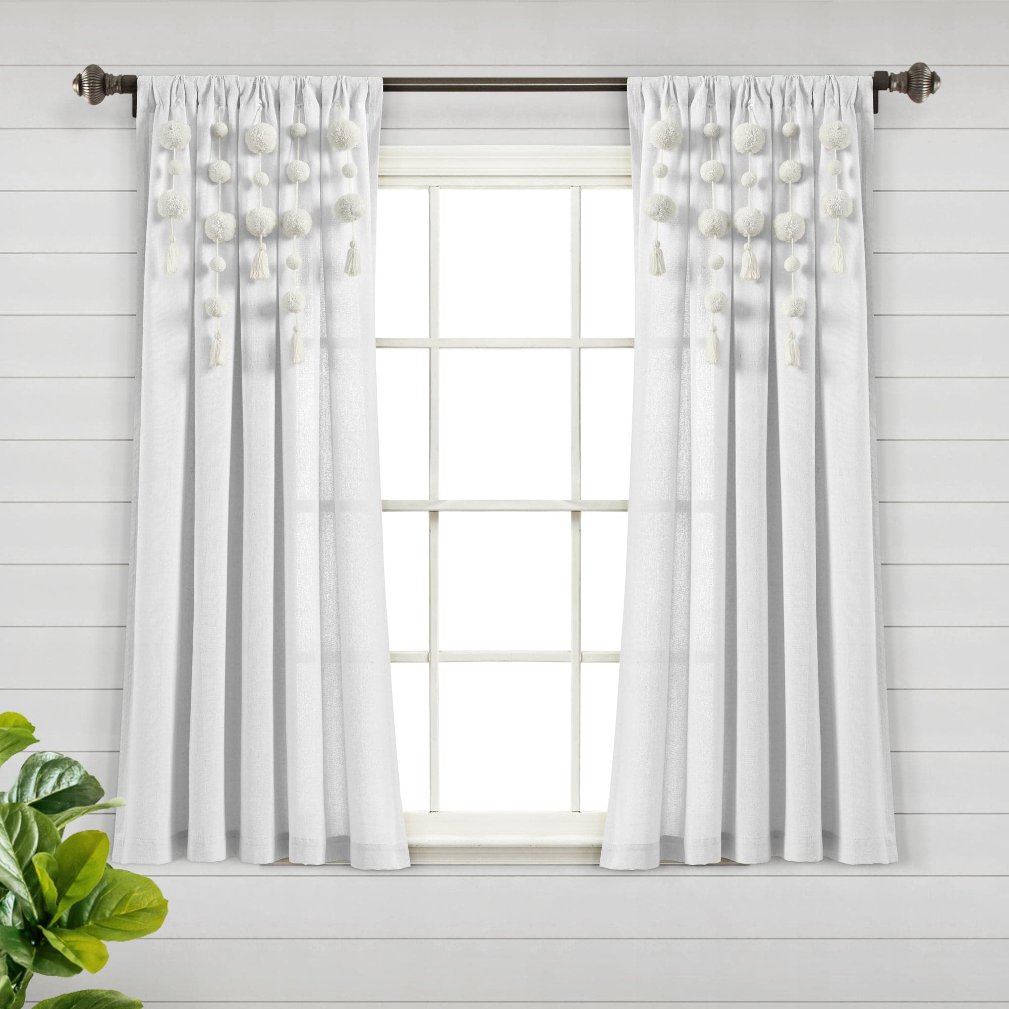Boho Pom Pom Tassel Faux Linen Window Curtain Panel - Elegant Bohemian Style Drapes for Living Room, Bedroom & Nursery Decor