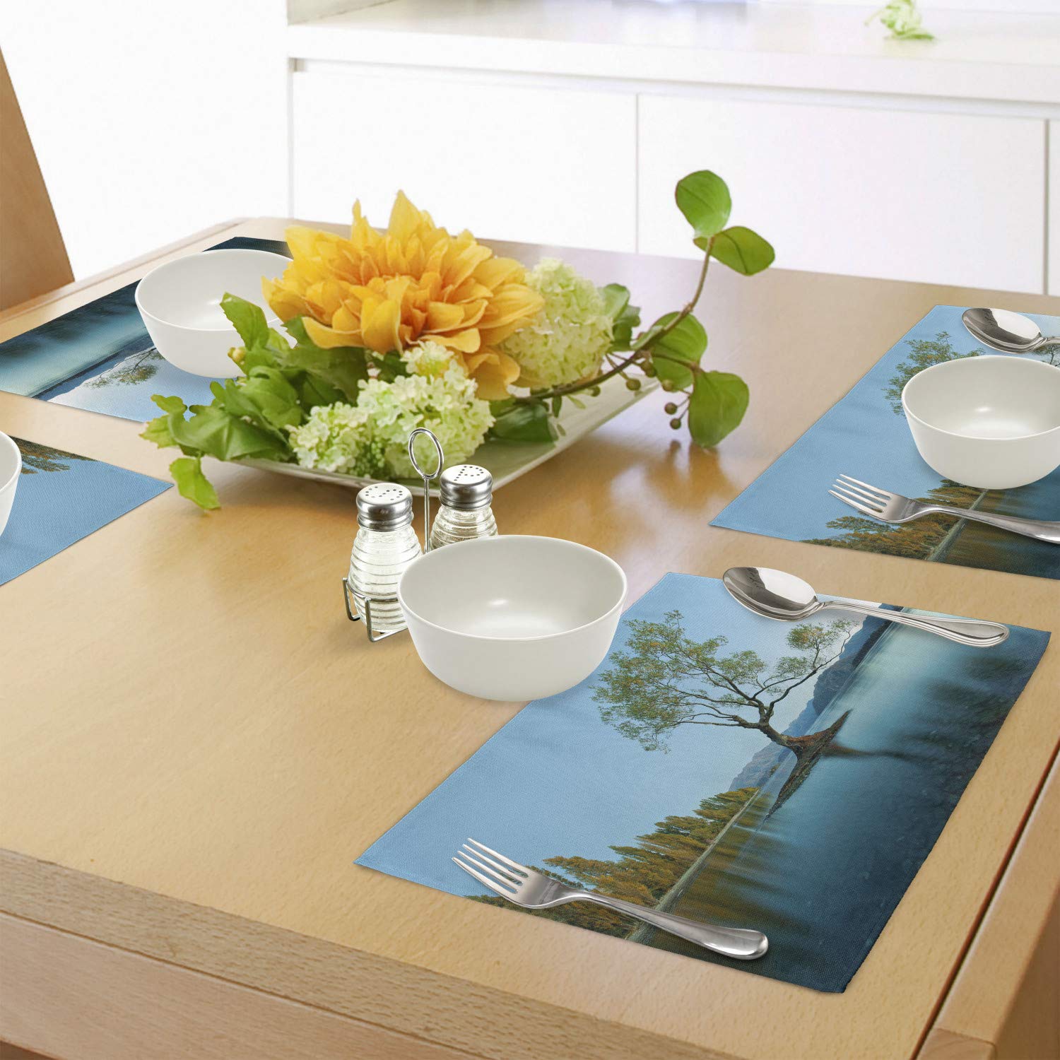Ambesonne 4-Piece Nature Placemats Set - Spring Lake Tree Surreal Photo Print, Washable Fabric Table Mats for Dining Room & Kitchen Decor in Teal Fern Green | Perfect for Dinner Parties, Holiday Gatherings & Everyday Use