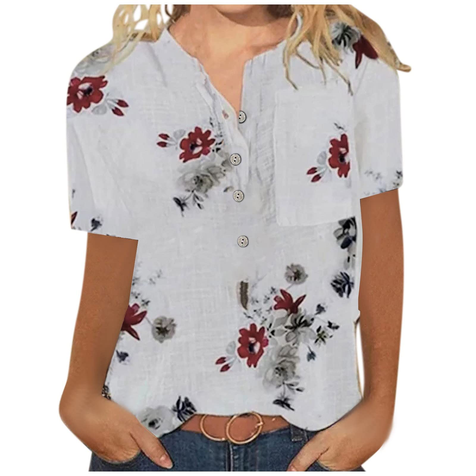 Women's Floral Linen Button-Down Shirt - Short Sleeve V-Neck Casual Tunic Blouse | Soft & Comfortable Loose Fit Henley Top for Summer, Beach, Office & Everyday Wear
