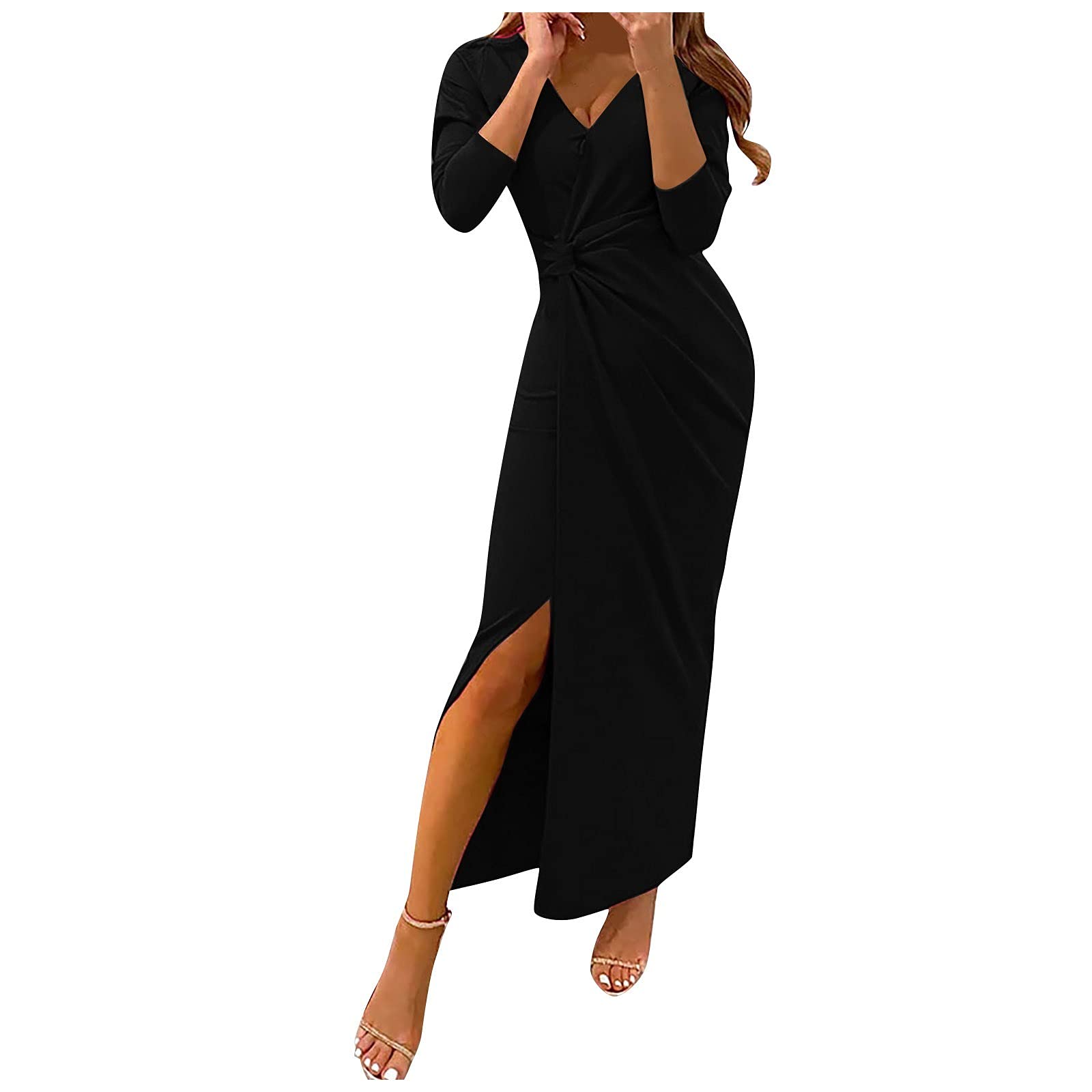 Elegant Long Sleeve V-Neck Wrap Maxi Dress for Women - Wedding Guest, Party & Evening Wear - Side Split Solid Color Formal Gown for Special Occasions