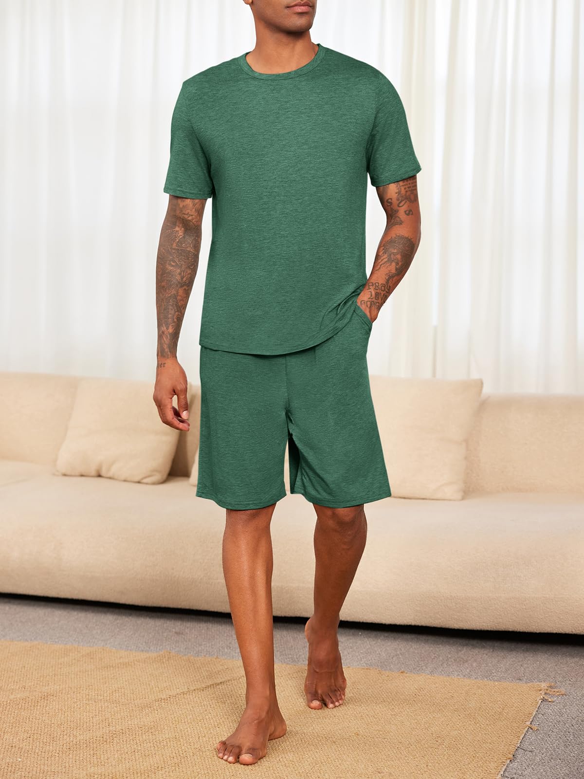 Runcati Men's Pajama Sets - 2 Piece Short Sleeve T-Shirt & Lounge Shorts - Breathable Summer Sleepwear for Relaxing at Home or Vacation