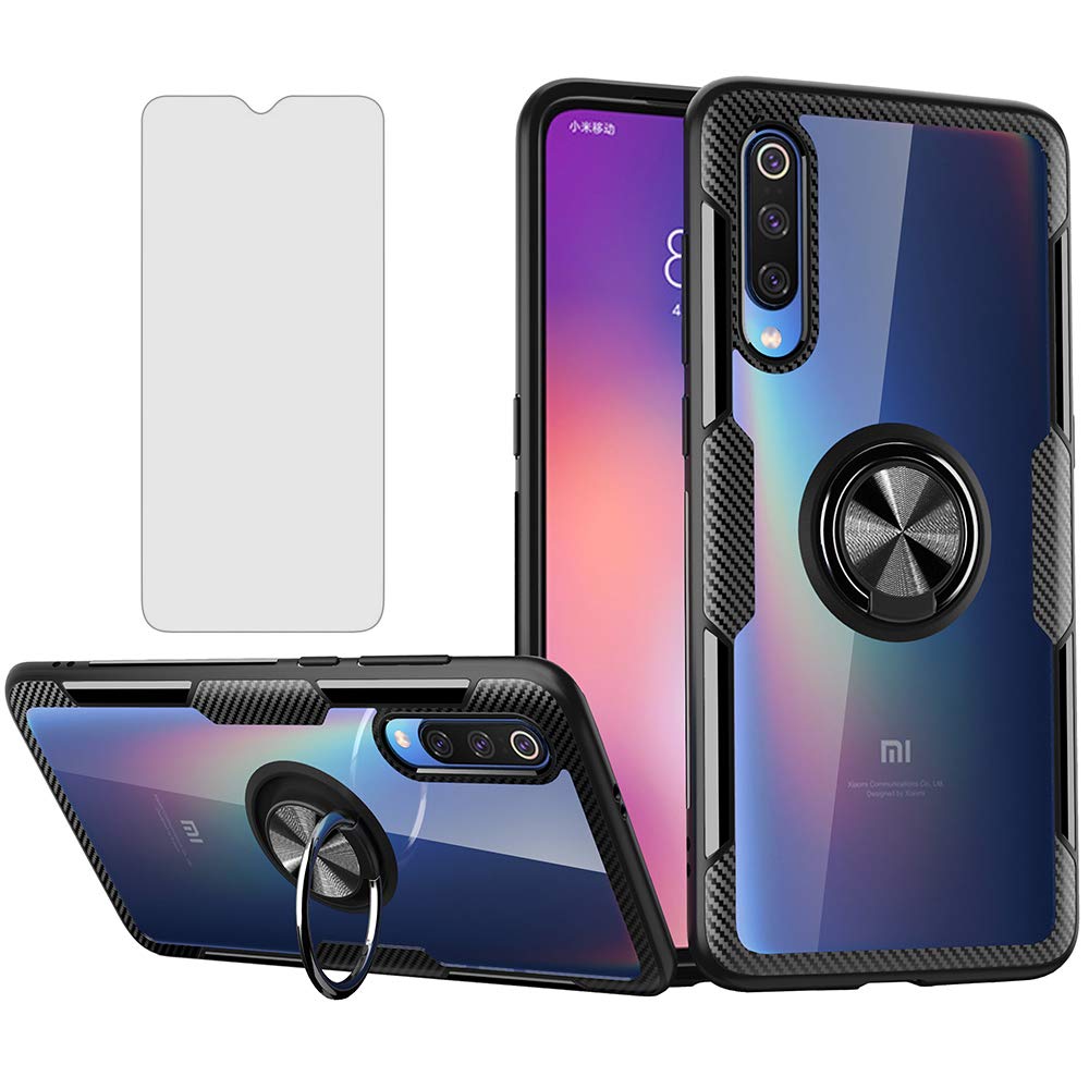 Xiaomi 9 Phone Case with Tempered Glass Screen Protector - Slim Hard Clear Cover & Magnetic Stand Ring Holder - Durable Protection for Xiaomi Mi 9 - Perfect for Work, Travel, and Everyday Use - Black (Men's Style)
