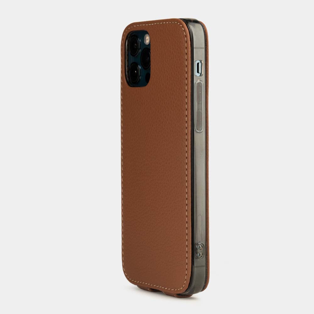 Premium Genuine Leather Flip Case for iPhone 12 Pro Max - Patented Design - Handcrafted in France - Caramel Brown - Perfect for Business & Travel Protection