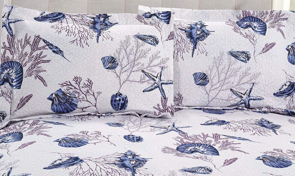 **Twin Size Reversible Beach Quilt Set - Coastal Ocean Theme with Starfish & Conch Shell Design - Lightweight Summer Bedspread Coverlet - Blue Home Decor for Bedroom, Guest Room & Vacation Homes**    *(Perfect for beach houses, coastal-themed bedrooms, or adding a breezy summer vibe to any space!)*