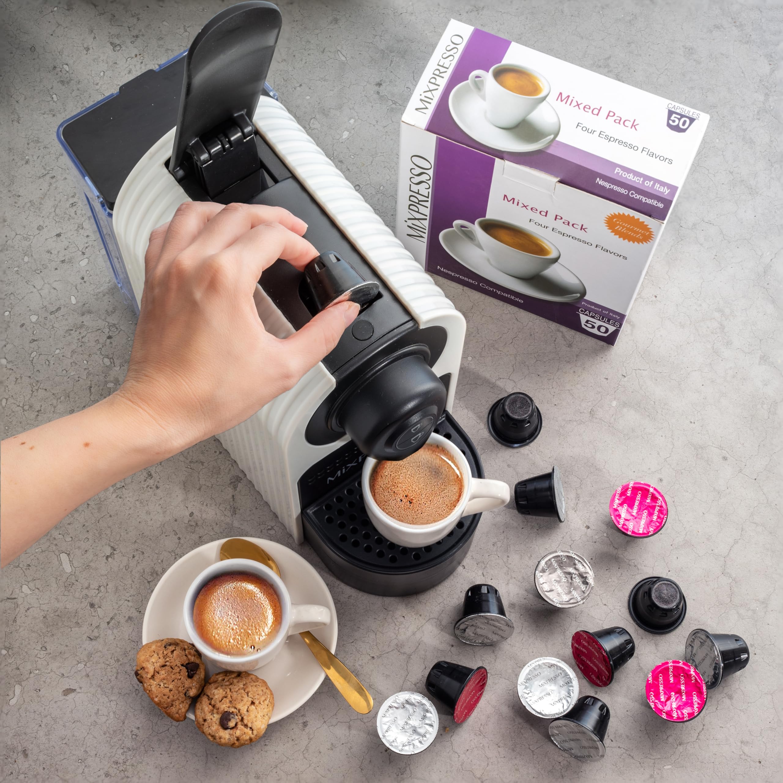 Mixpresso Espresso Machine for Nespresso Compatible Capsules - 19 Bar Italian Coffee Maker with Programmable Single Serve & 1400W Pump (27oz, White) - Perfect for Home, Office or Small Cafe Use