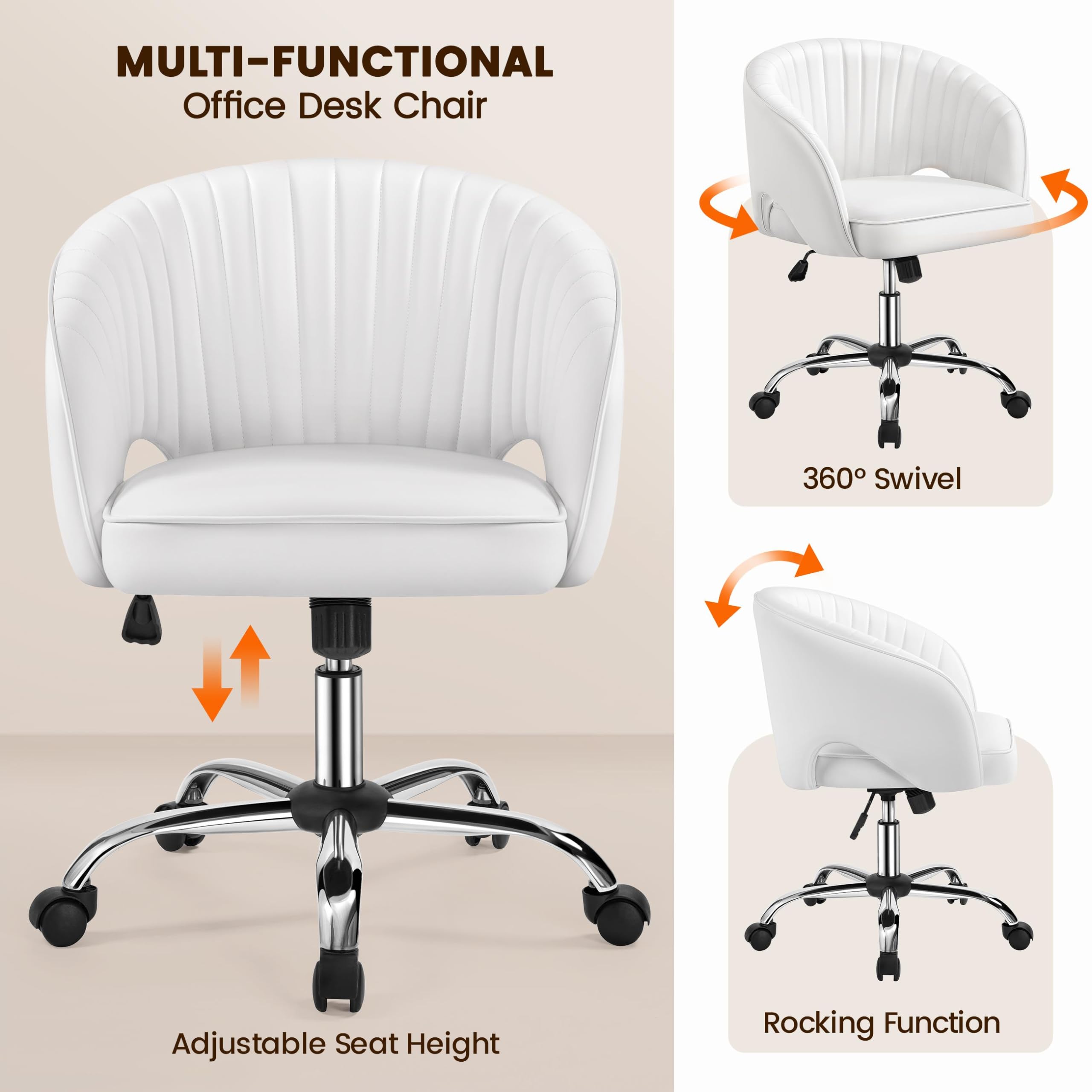 Yaheetech Faux Leather Office Chair - Modern Swivel Desk Chair with Tufted Barrel Back & Rolling Wheels - Ergonomic Computer Chair for Home Office, Study Room, Bedroom & Vanity (White) - Perfect for Remote Work & Online Classes