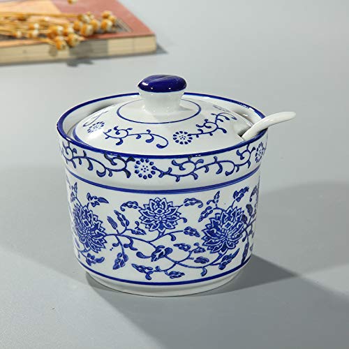 123Arts Ceramic Blue and White Sugar Bowl with Lid and Spoon - Elegant Spice Jar for Tea, Coffee & Kitchen Storage - Perfect for Sugar, Salt, Spices & Seasonings