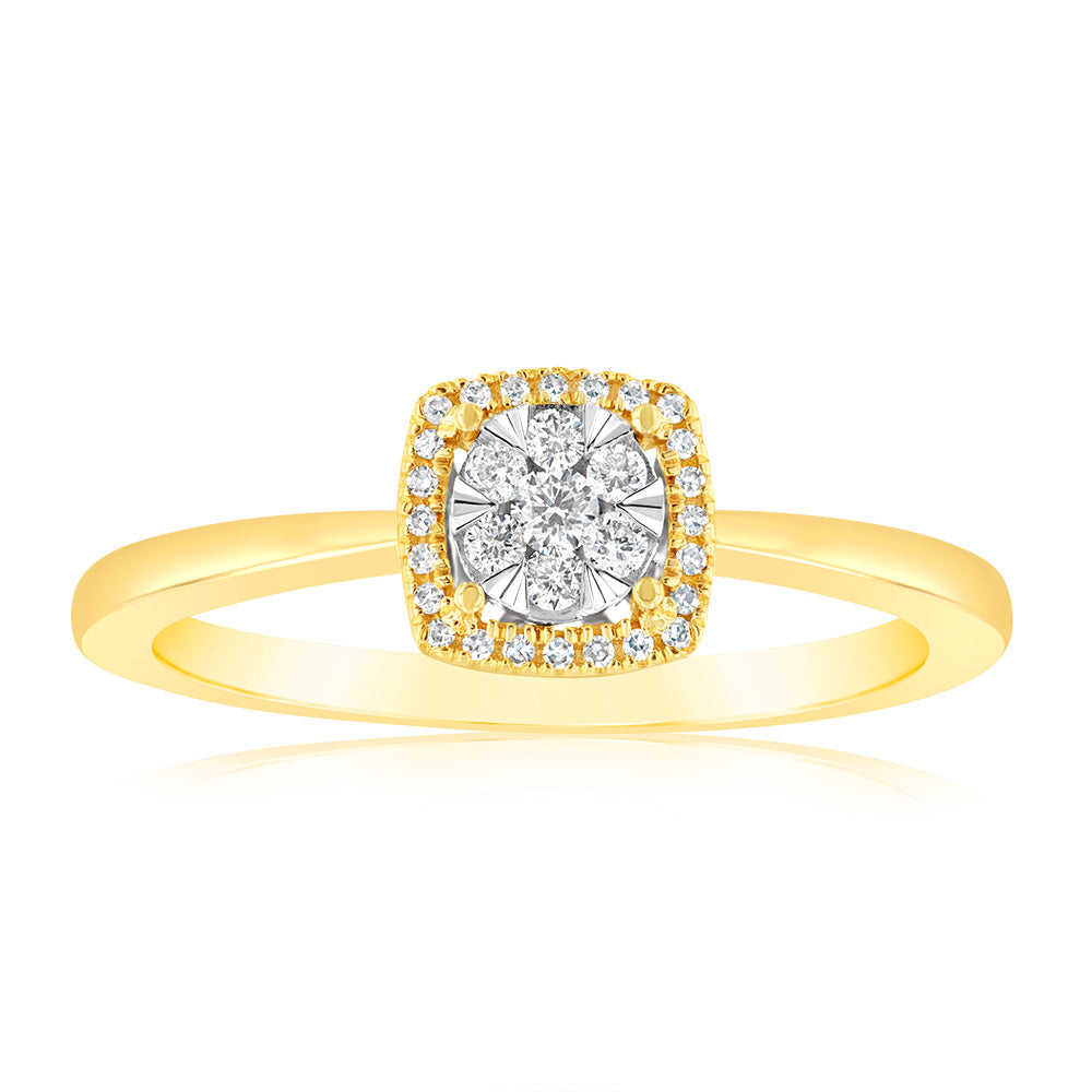 9ct Yellow Gold 1/6 Carat Diamond Cluster Halo Ring - Elegant Engagement & Wedding Jewelry for Women | Perfect for Proposals, Anniversaries & Special Occasions