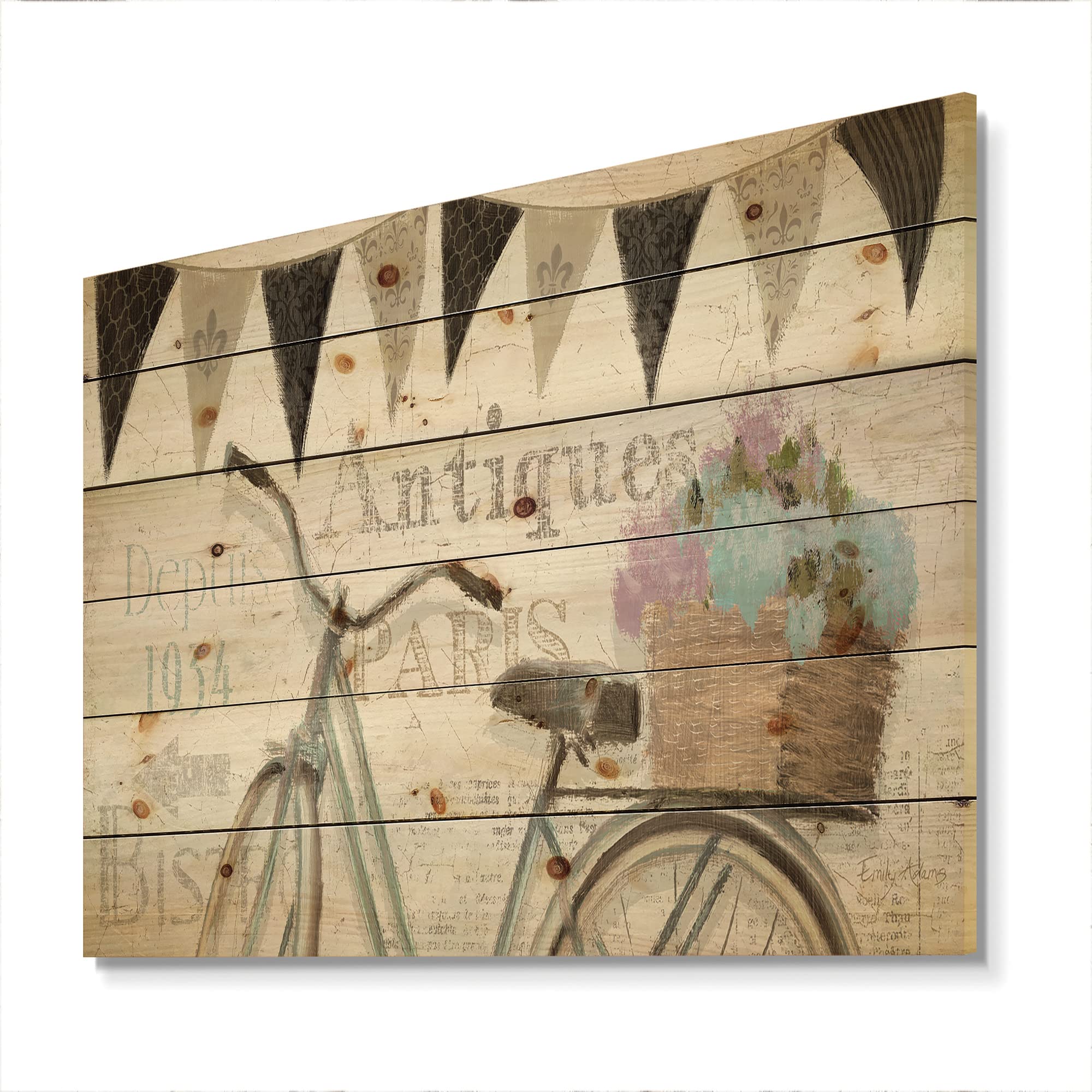 Vintage French Bicycle Flea Market Wood Wall Art - Grey Large Transportation Decor Printed on Natural Pine Wood Panel | Perfect for Living Room, Bedroom & Cafe Wall Decor