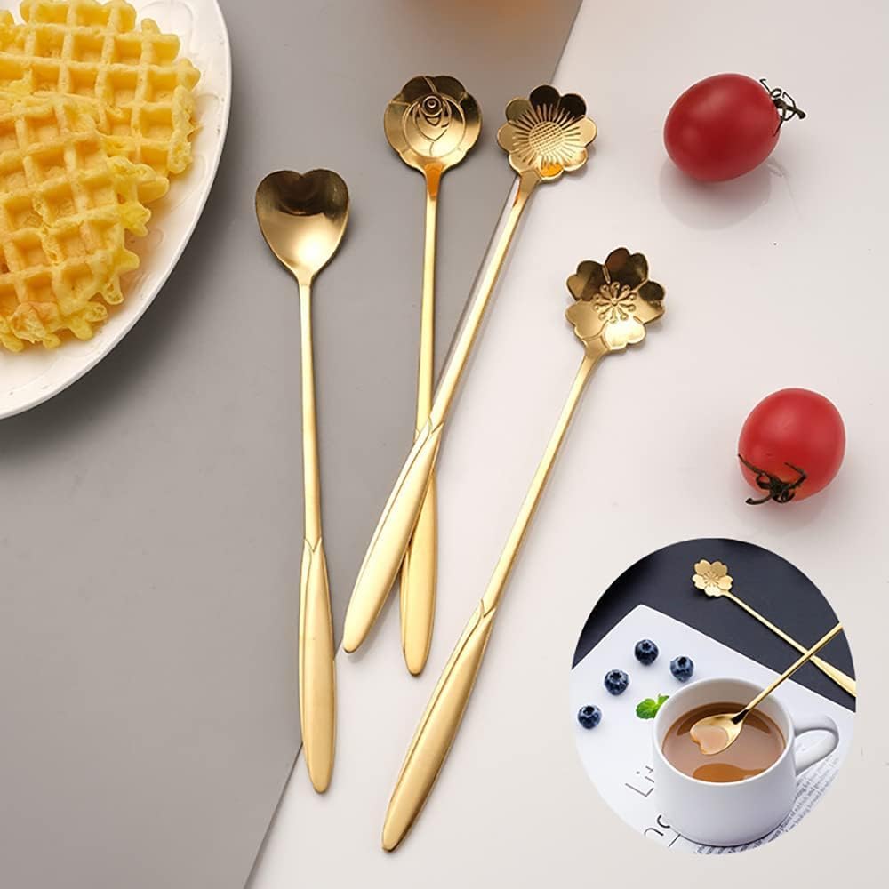 Zacova 18cm 4-Piece Stainless Steel Gold Flower Coffee Spoon Set - Elegant Dessert & Tea Spoons for Kitchen, Dining & Gifting - Perfect for Coffee Shops, Restaurants & Home Entertaining