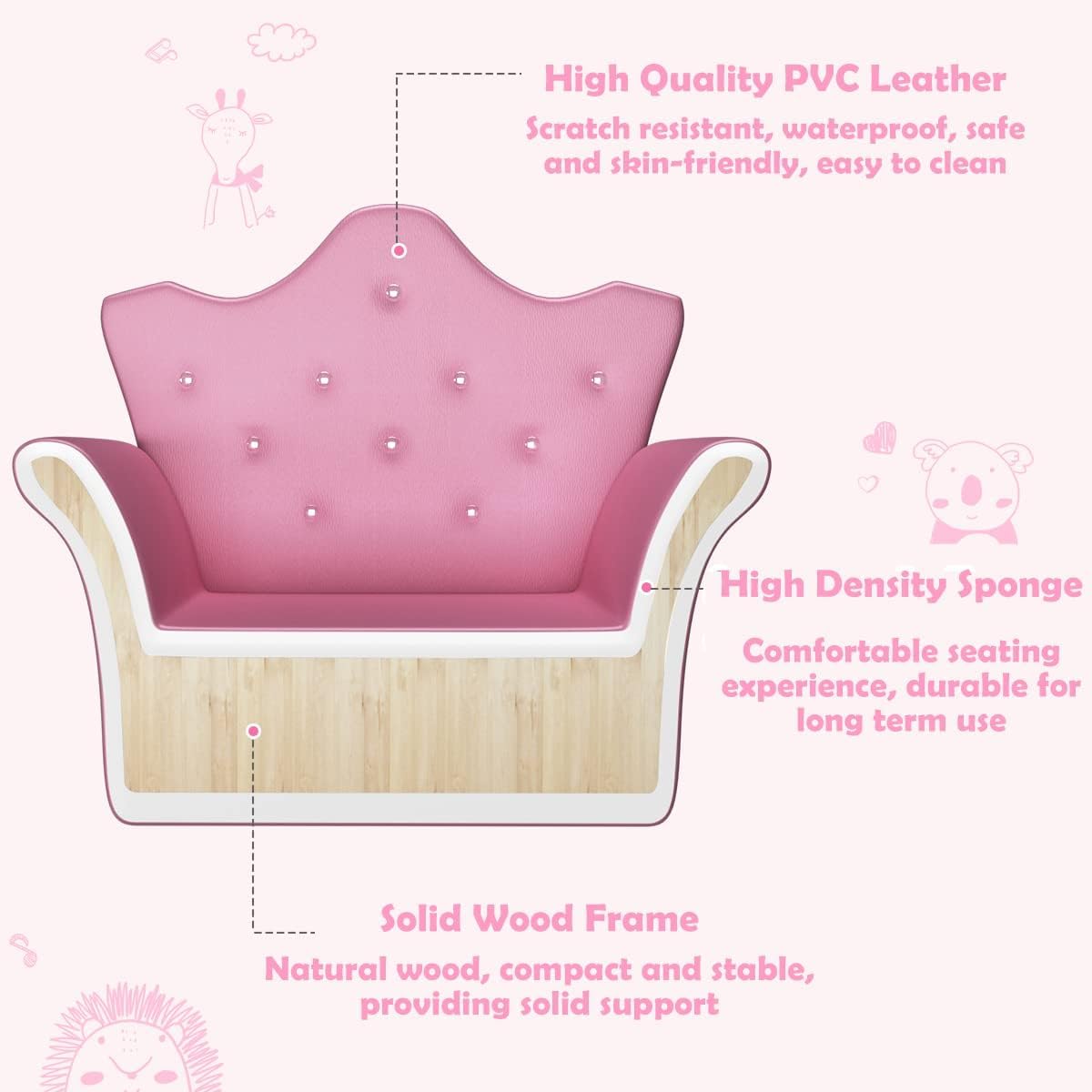 **BETTARY Kids Sofa with Ottoman - High-Back PVC Leather Upholstered Toddler Couch for Girls & Boys, Princess Style Children's Chair for Living Room, Bedroom & Playroom (Pink) - Perfect for Playtime, Reading & Relaxation**