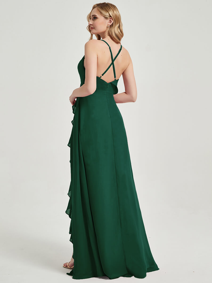 Elegant Emerald Green Chiffon Bridesmaid Dress with Criss Cross Straps, Ruffles & High Slit - Perfect for Weddings, Parties & Formal Events