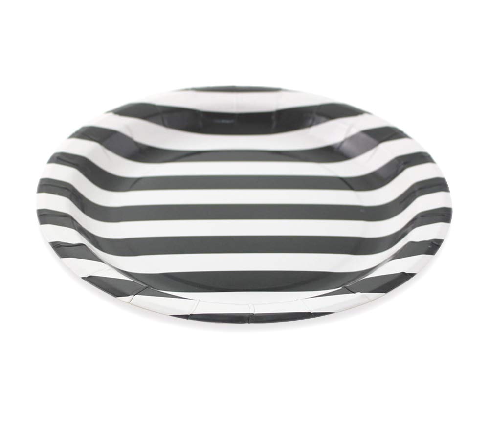 Black Striped Paper Plates 72pcs - 9 Inch Round Disposable Party Plates for Desserts, Cakes, Fruits - Perfect for Birthday Parties, Baby Showers & Picnics