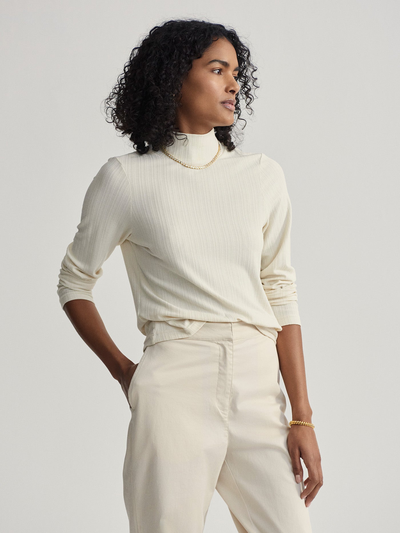 Varley Astrid Fitted Long Sleeve Tee for Women - Soft Stretch Cotton Blend Top in Birch Color | Perfect for Yoga, Workouts & Casual Wear