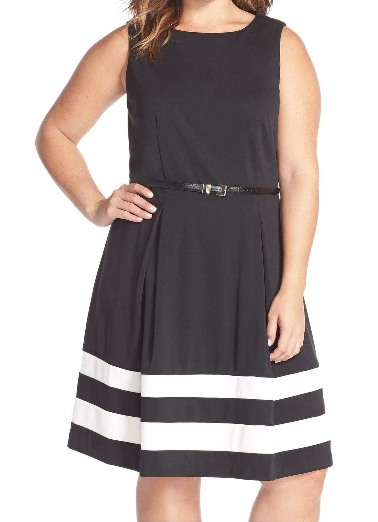 Calvin Klein Women's Plus Size Sleeveless Belted Fit & Flare Dress - Black/Ivory, Size 17/22 | Casual Summer Dress for Office, Party & Special Occasions