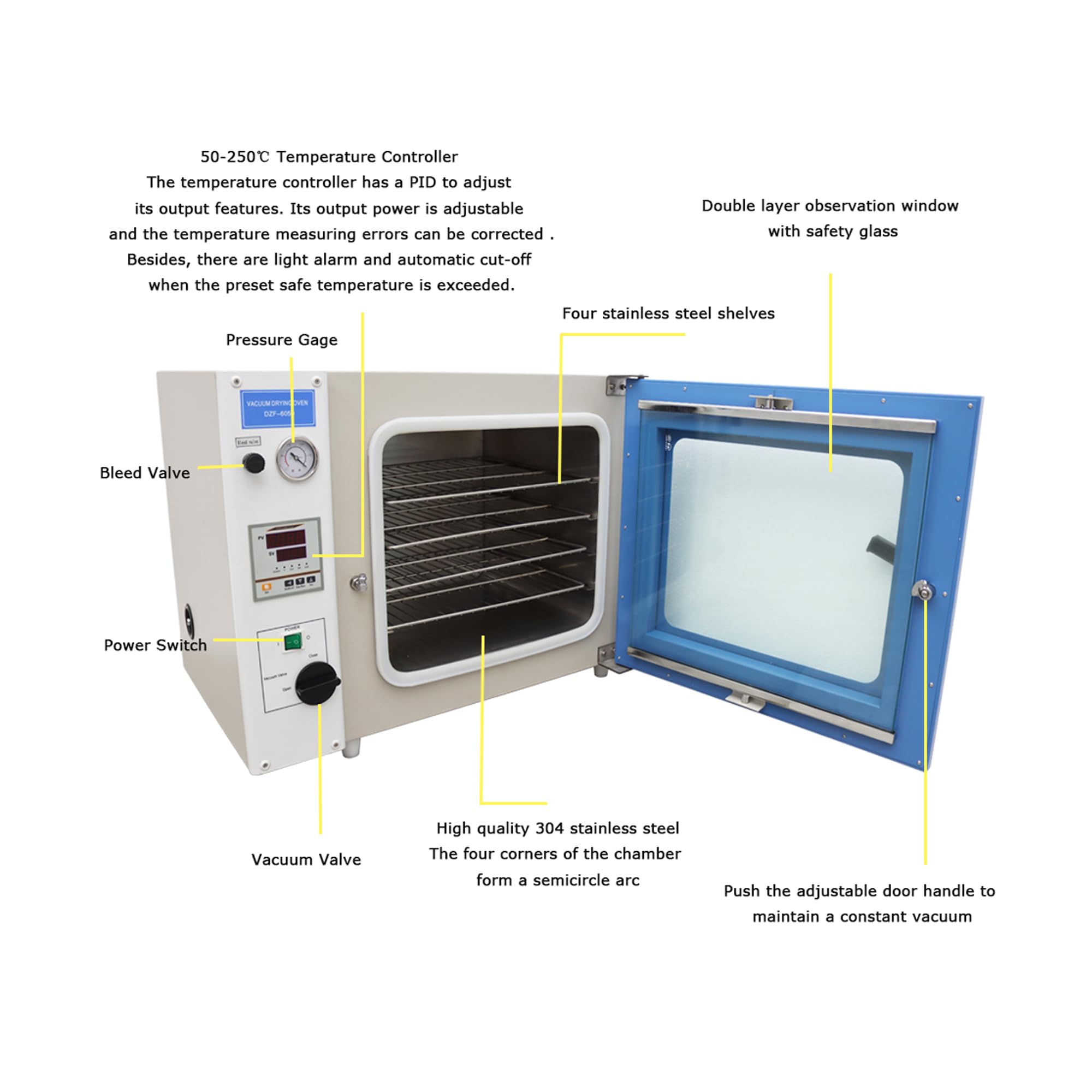 110V 1.9Cu ft Vacuum Drying Oven with 4-Layer Rack, 1400W for Lab, Electronics & Food Dehydration - Perfect for Drying, Curing & Sterilizing