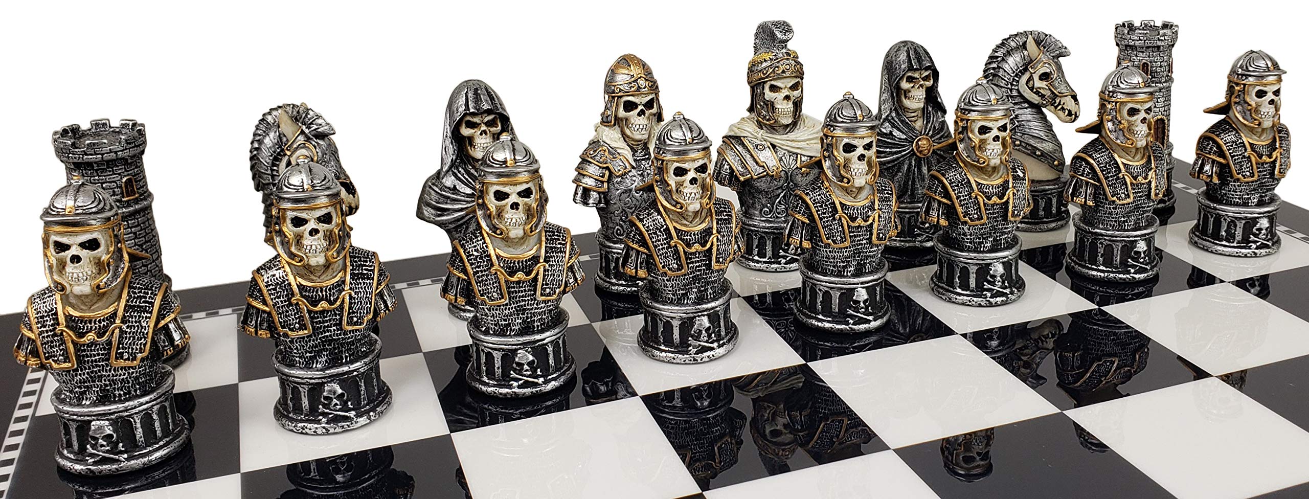 Medieval Gothic Fantasy Skeleton Chess Set with 17-inch Black & White Storage Board - Skull Busts Decor for Game Nights, Halloween Party & Dark Aesthetic Home Decor