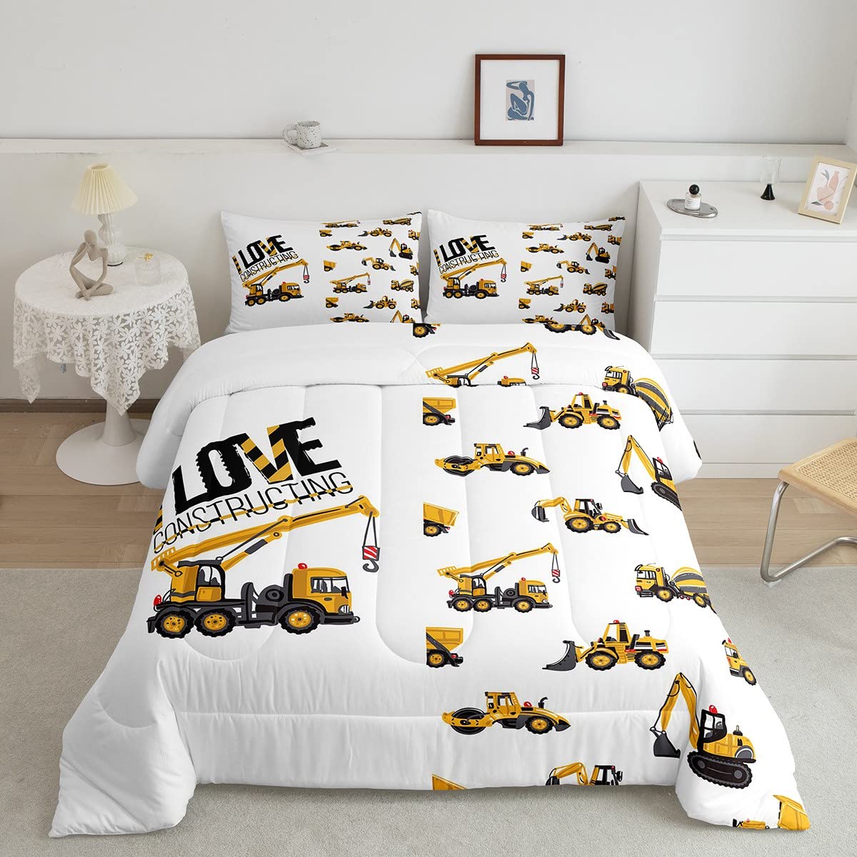 Yellow Excavator Comforter Set Twin Size - Construction Truck & Crane Bedding 2pc Set for Kids & Teens Boys Room Decor - Soft Tractor Print Cartoon Toy Quilt with Duvet Insert & Pillowcase - Perfect for Construction-Themed Bedrooms, Birthday Gifts & Playroom Decor