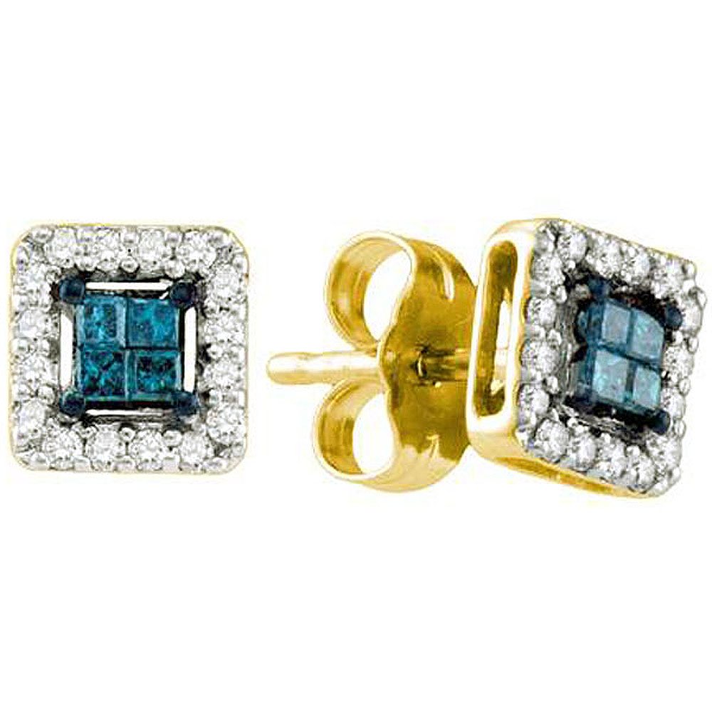 Dazzlingrock 0.26 Carat (ctw) 10K Yellow Gold Blue & White Diamond Invisible Set Stud Earrings for Women - Perfect for Weddings, Parties & Special Occasions