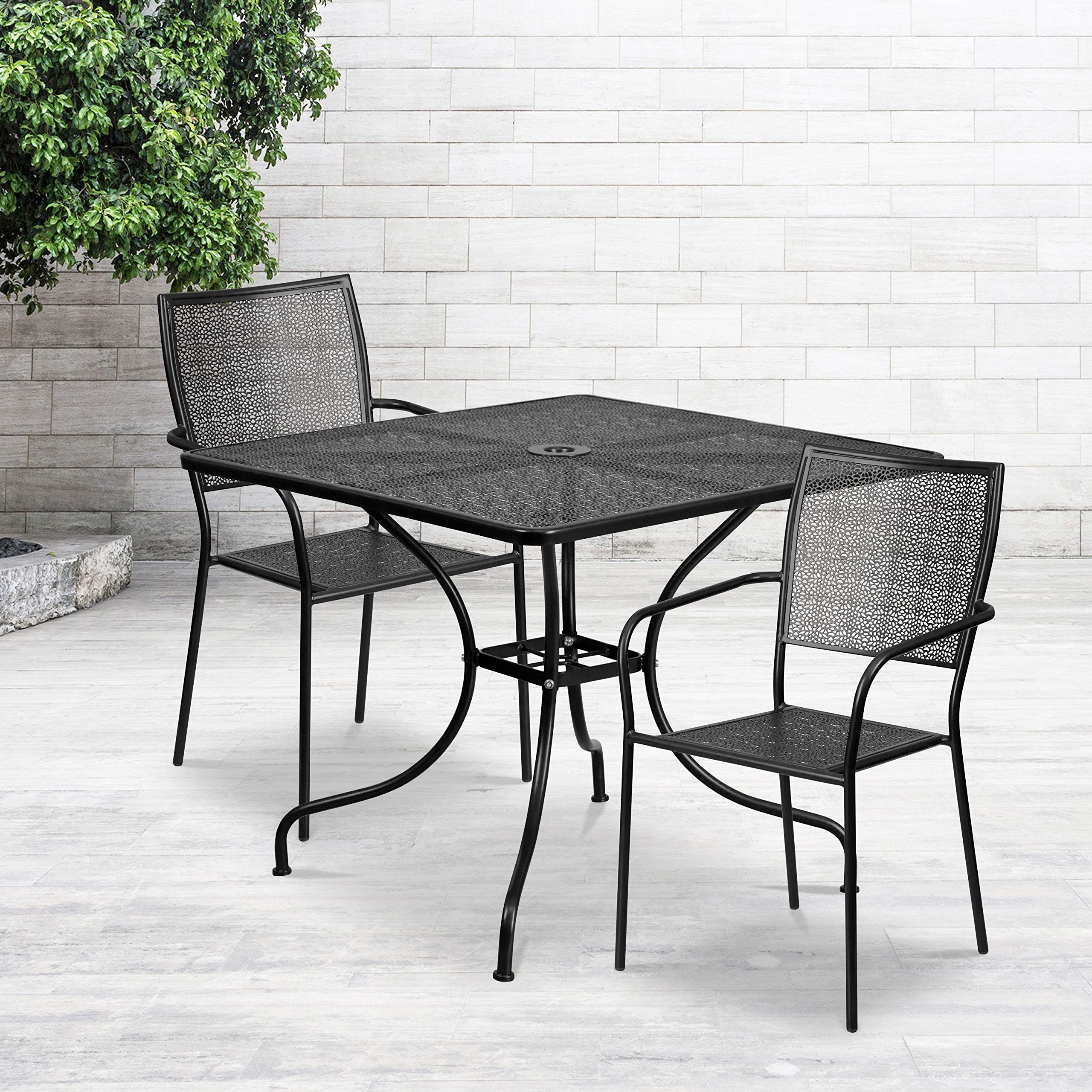 EMMA + OLIVER 35.5 Inch Square Outdoor Dining Table Set with 2 Chairs - Heavy Duty Commercial Grade Black Patio Furniture for Restaurant, Cafe, Backyard & Garden Use