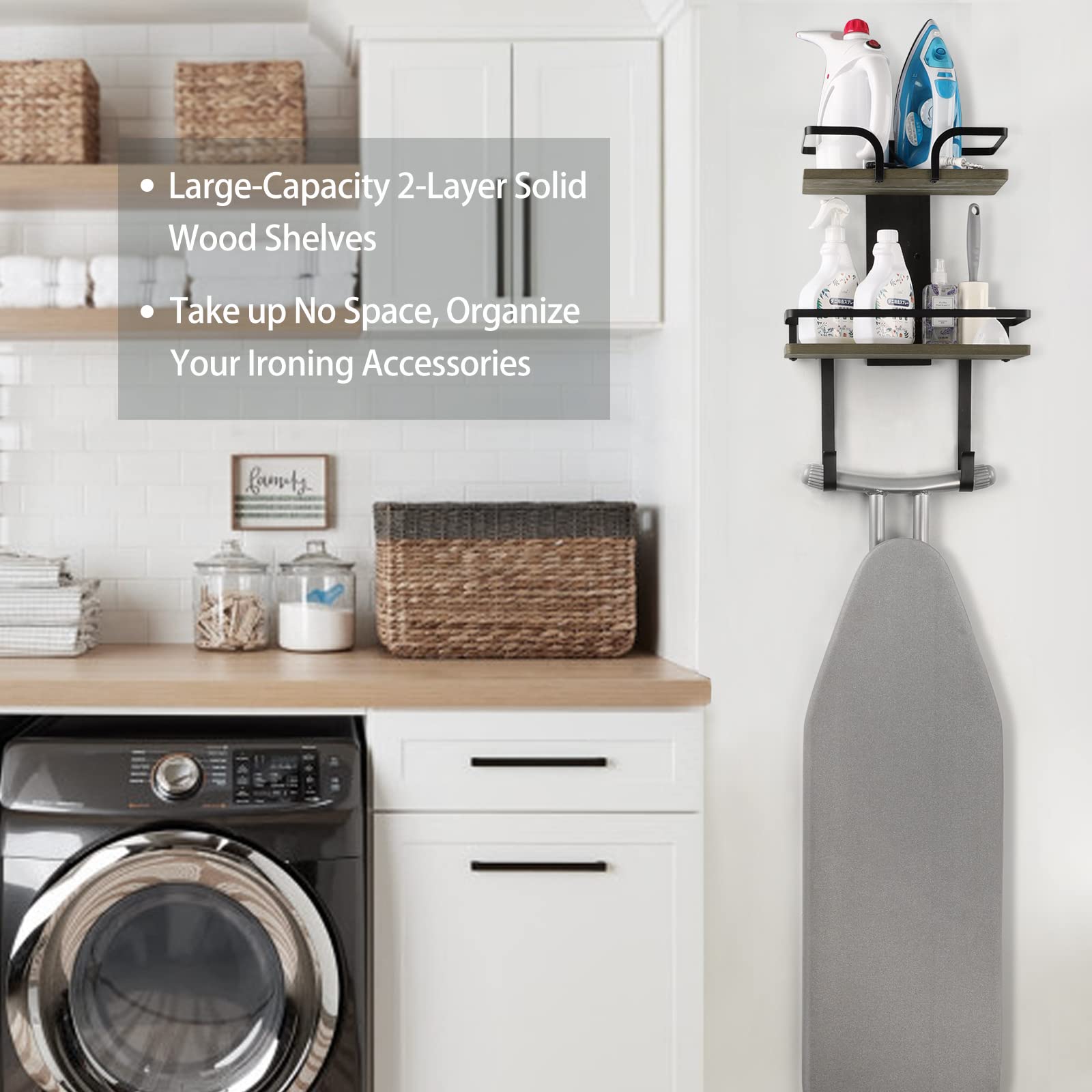 VINAEMO Wall Mount Ironing Board Hanger - 2-Tier Iron & Board Holder with Removable Hooks - Solid Wood Laundry Room Shelf for Home Organization - Perfect for Small Spaces & Closet Storage