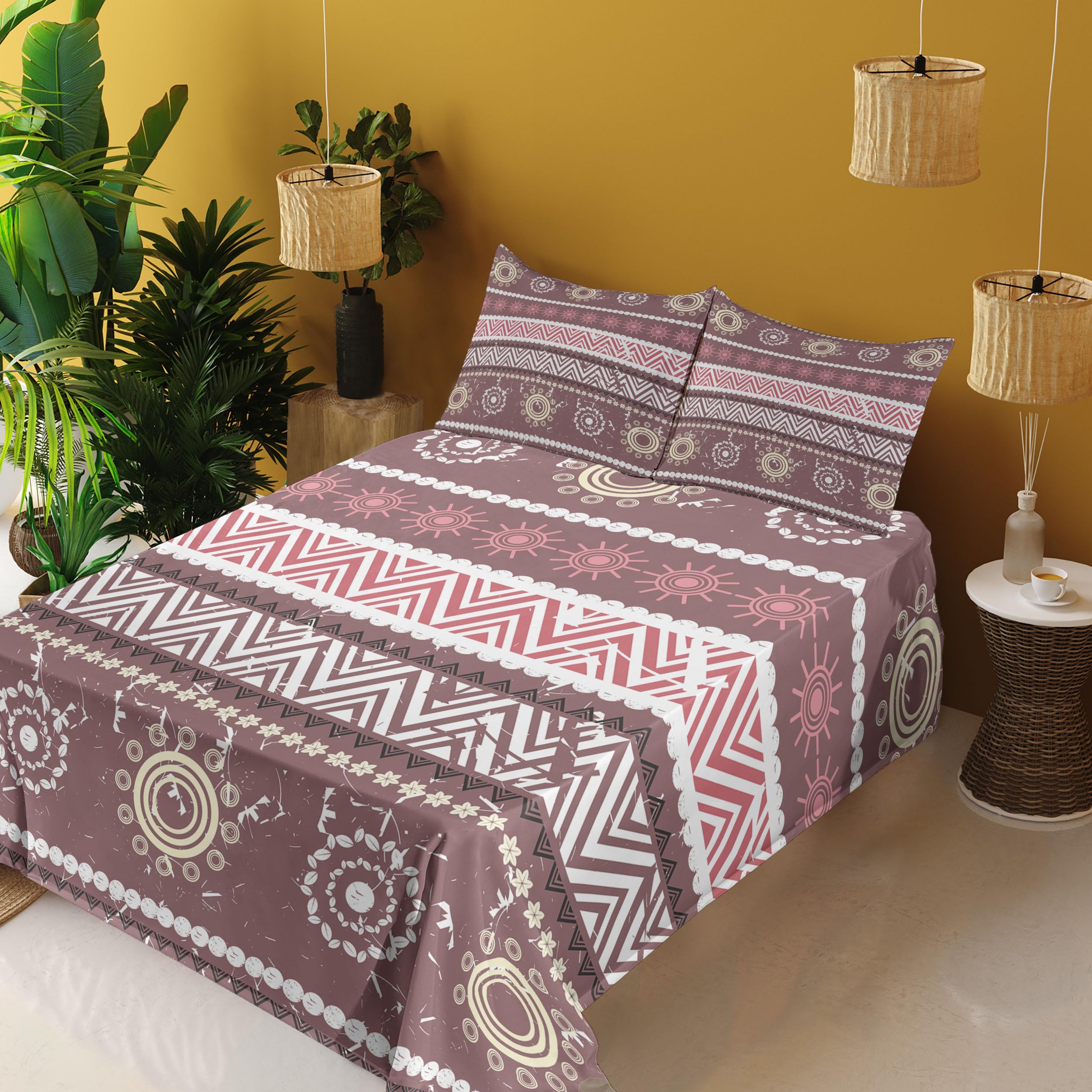 Ambesonne Zambia 4-Piece King Size Sheet Set - Antique Traditional Boho Sun Pattern in Earthen Tones, Dried Rose Yellow | Soft Bed Sheets with Fitted Sheet, Flat Sheet & Pillowcases | Perfect for Bohemian Bedroom Decor, Guest Room & Cozy Home Styling