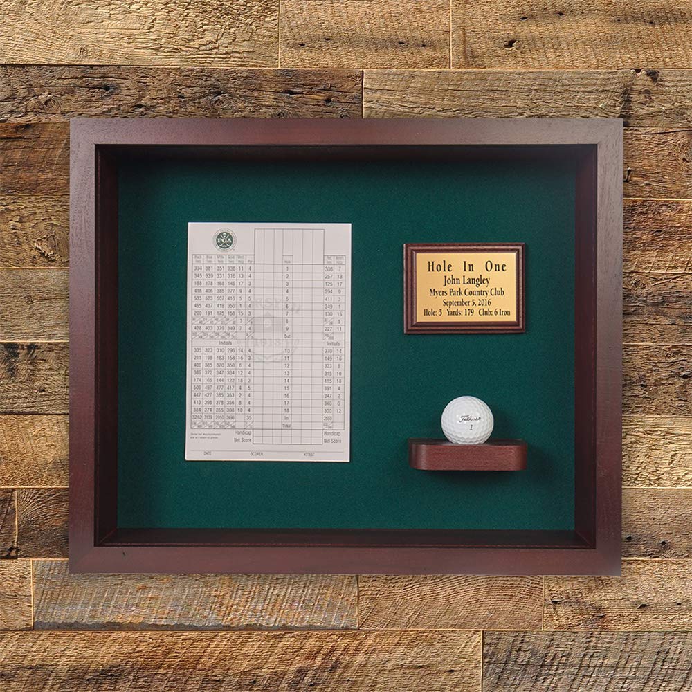 Premium Golf Ball Shadowbox Display Case - Personalized Engraved Plaque for Hole in One Memorabilia | Vertical Wall Mount Design with Cherry Finish | Holds Golf Ball, Scorecard & Photo | Perfect for Man Cave, Office Decor or Golf Lover Gift