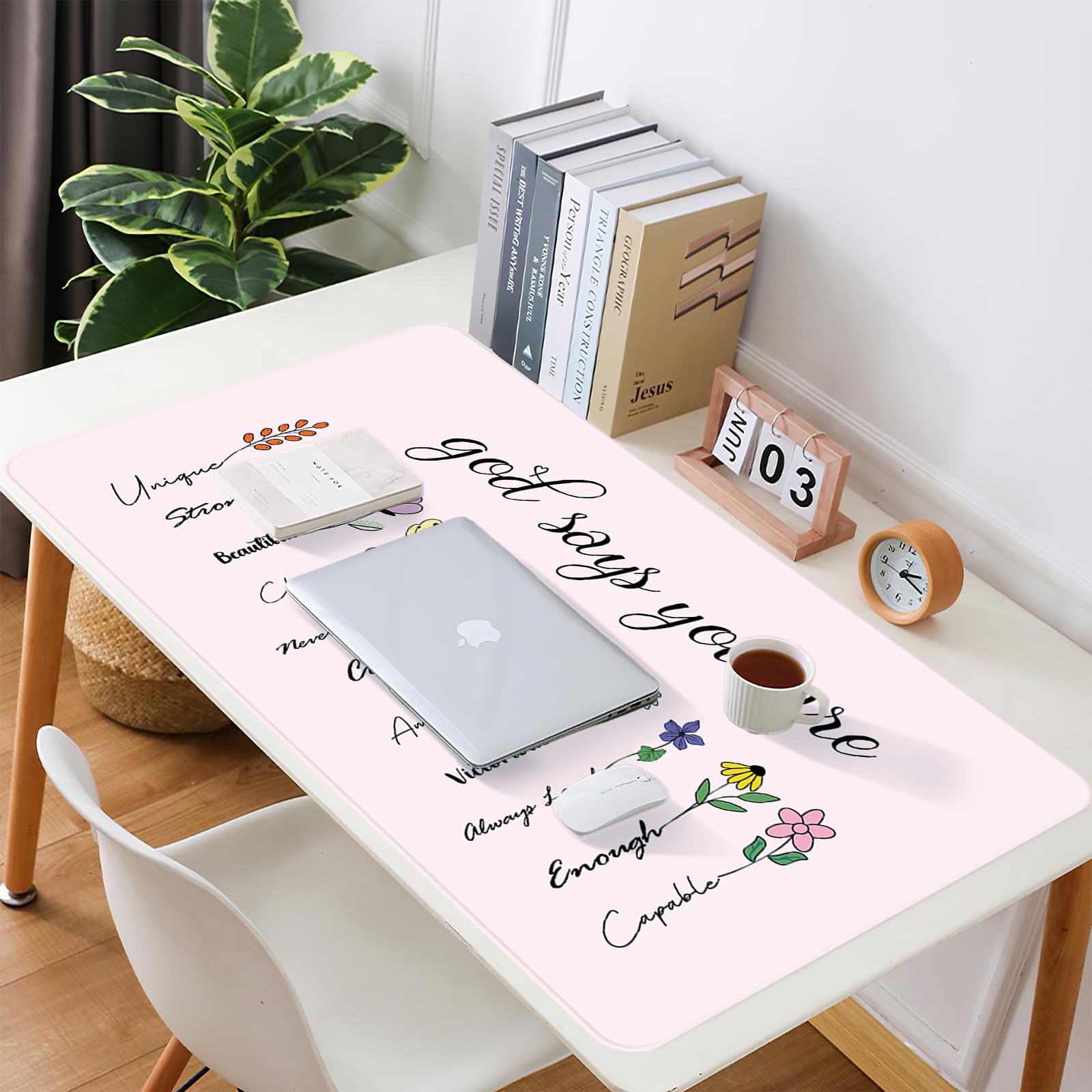 AFRITEE Bible Verse Desk Mat - Pink Flower Christian Gaming Mouse Pad for Office & Gifts