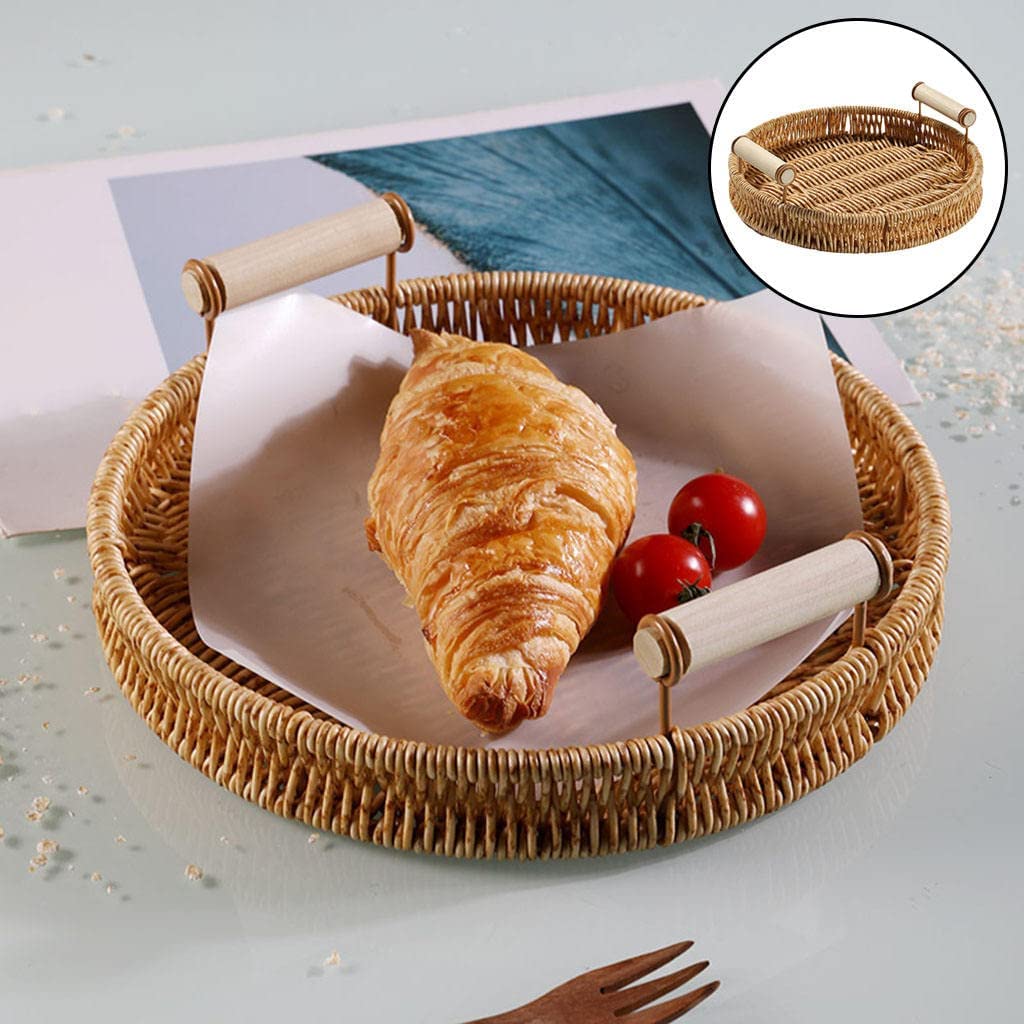 Hand-Woven Wicker Rattan Serving Tray with Handles - 27cm Round Storage Tray for Bread, Fruit, Food, Breakfast & Snacks | Perfect for Kitchen, Dining Table, Picnic & Home Decor
