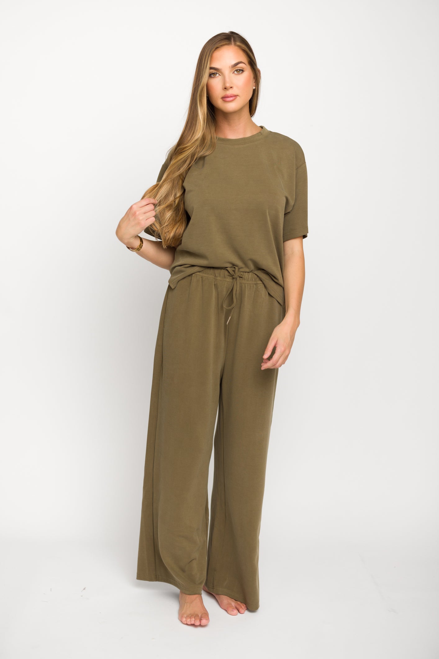 Macy Loose Fit T-Shirt & Wide Leg Pant Set - Women's Casual Sage Green Outfit for Lounge, Yoga & Everyday Wear