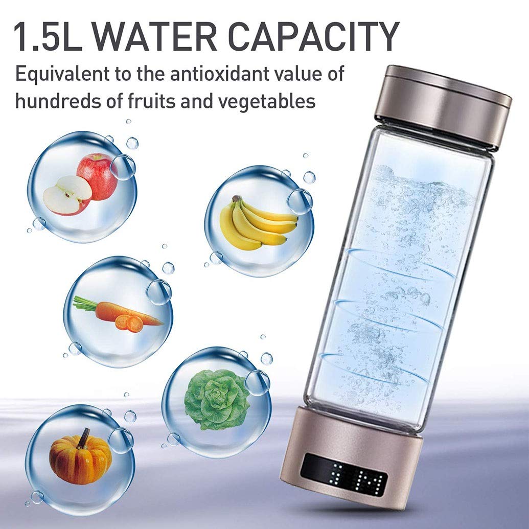 Hydrogen Water Bottle Generator - Portable Alkaline Water Maker with SPE/PEM Technology - 400ml High Borosilicate Glass Bottle - for Hydration, Detox & Energy Boost at Home, Gym or Travel