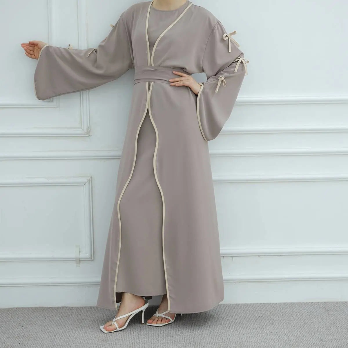 2-Piece Soft Nida Open Abaya Dress Set with Inner Sleeveless Dress - Elegant Muslim Women's Prayer Outfit for Mosque & Special Occasions #251003