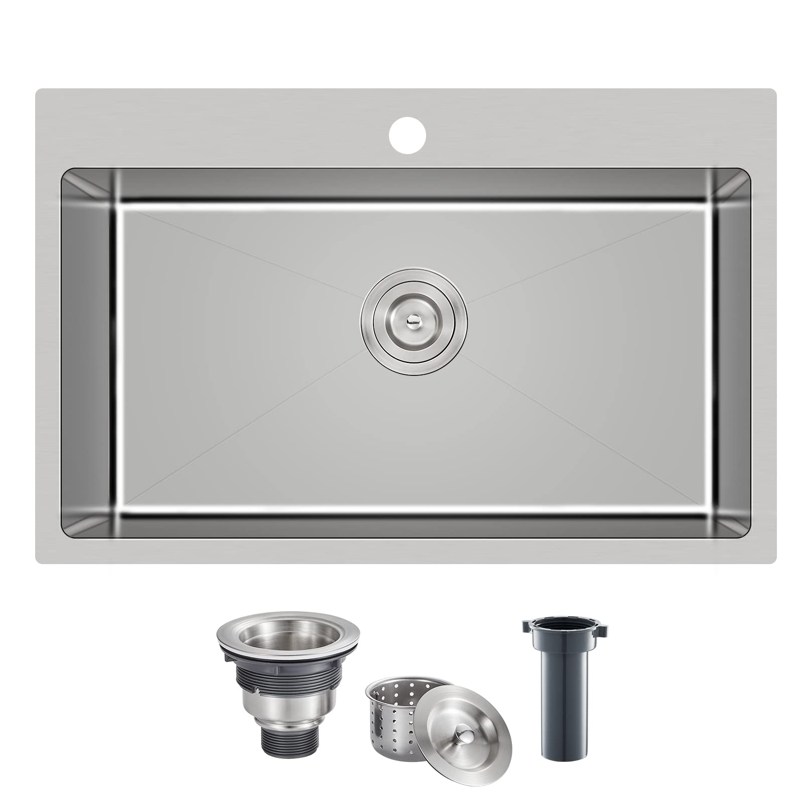 POPFLY 28×20 Inch Drop In SUS 304 Stainless Steel Kitchen Sink - 9 Inch Deep Single Bowl Top Mount Sink with Brushed Nickel Finish | Perfect for Modern Kitchens, Remodeling & Small Space Homes