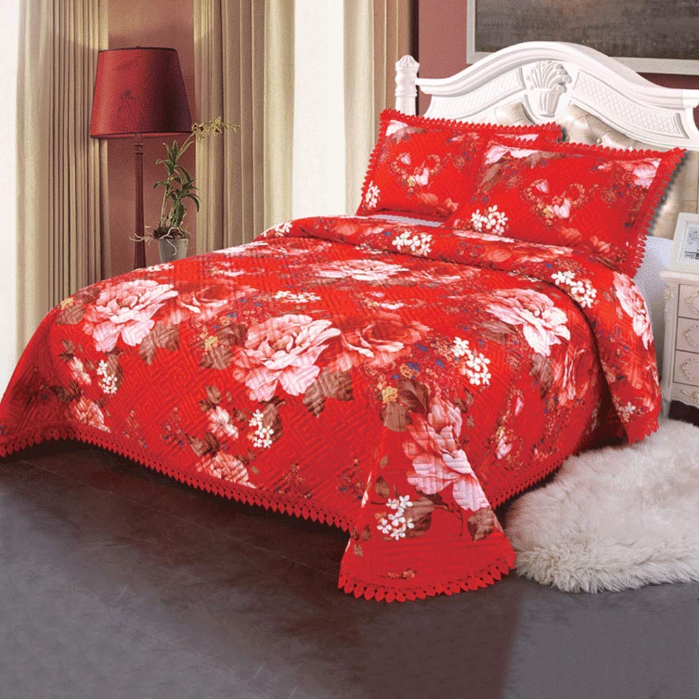 Luxury Jacquard Silk Cotton Quilted Bedspread Set - 3-Piece Patchwork Quilt, Soft Bed Cover & Pillowcases (245x255cm + 48x74cm) for Master Bedroom, Guest Room & Cozy Living Room Throw Blanket