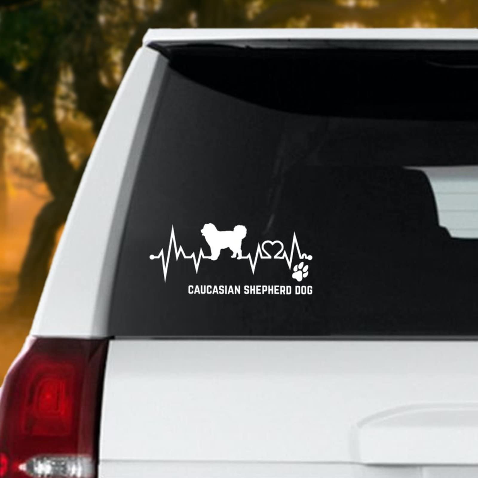 **Caucasian Shepherd Dog Car Decals - Vinyl Stickers with Dog Heartbeat & Paw Heart Design - Funny Bumper & Window Stickers for Cars, Trucks, Laptop - Perfect Gift for Dog Moms & Dads - Great for Personalizing Vehicles, Laptops, and Gifts**