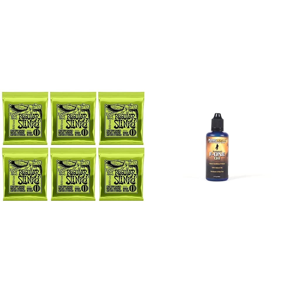 Ernie Ball Regular Slinky Nickel Wound Electric Guitar Strings 6 Pack - 10-46 Gauge & MusicNomad F-ONE Fretboard Oil Cleaner & Conditioner 2 oz (MN105) - Perfect for Guitar Maintenance & Performance