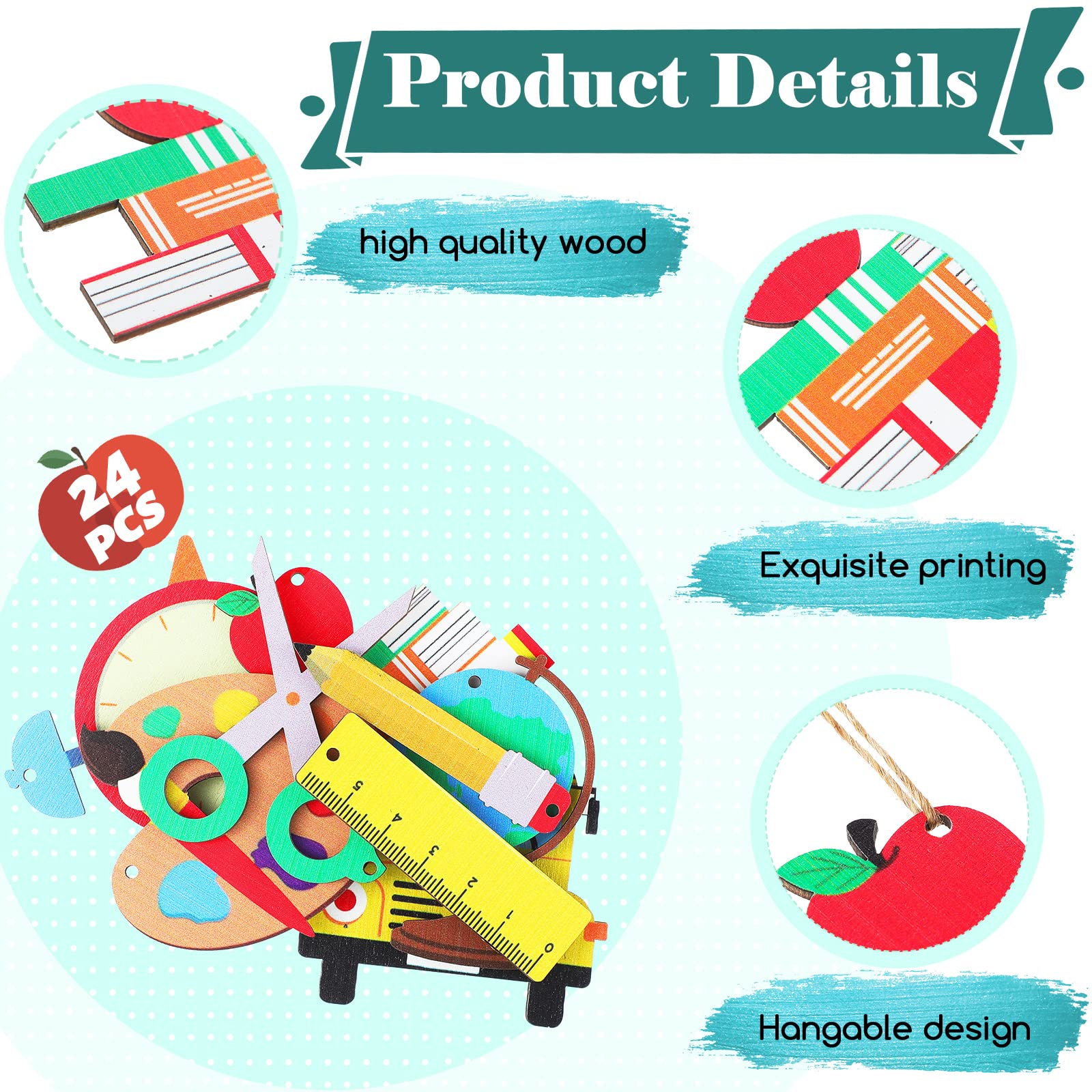 24-Piece Back to School Wooden Hanging Ornaments Set - First Day of School Decorations, Bulletin Board Cutouts & Classroom Party Signs - Perfect for Tree Decor, Classroom Displays & School Celebrations