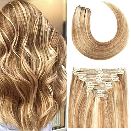 Homgoss Clip-in Human Hair Extensions 16 Inch - 8pcs 120g Remy Real Hair Straight Natural Black & Chestnut Brown Mixed Blonde #6/613 - Perfect for Parties, Weddings & Daily Styling