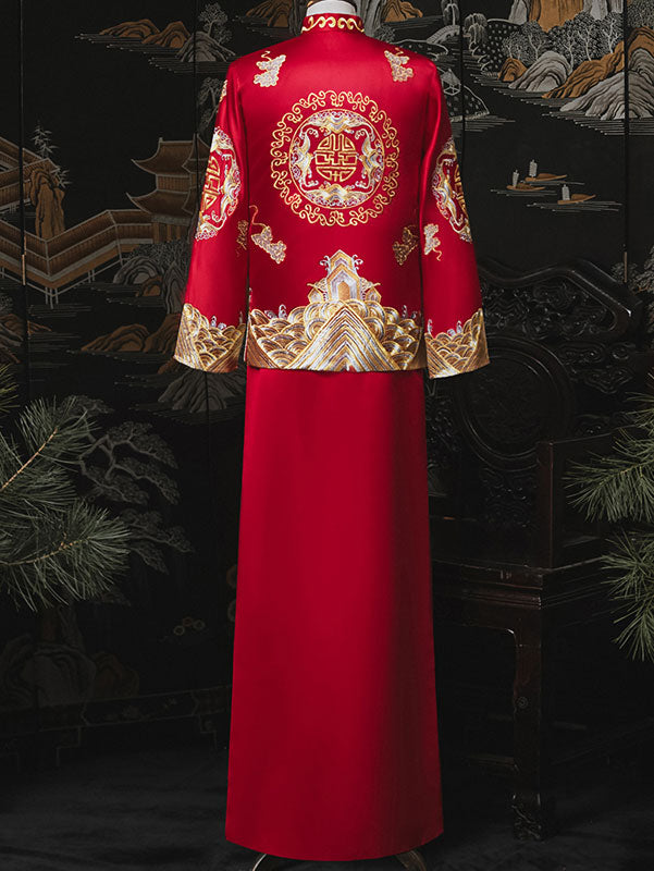 Embroidered Dragon Men's Traditional Chinese Wedding QunKwa Jacket & Skirt Set - Perfect for Asian Ceremonies, Cultural Events, and Photoshoots