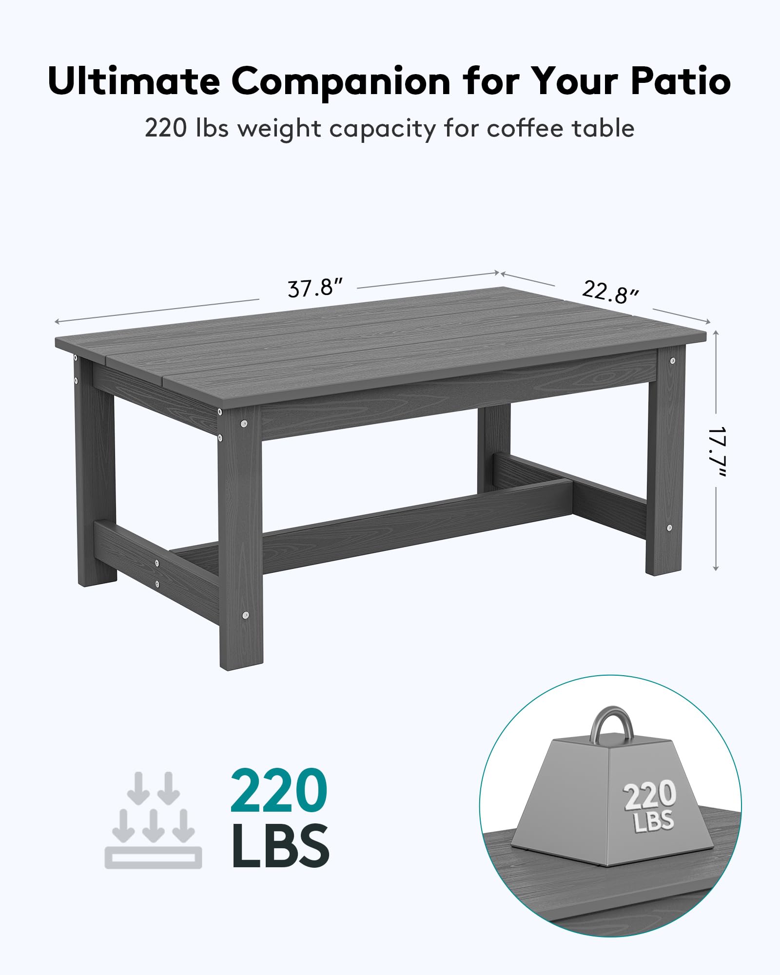 SERWALL HDPE Rectangle Outdoor Coffee Table - All-Weather Patio Side Table for Balcony, Poolside, Deck & Garden - Durable Gray Outdoor Furniture for Backyard, Porch & Pool Area Relaxation