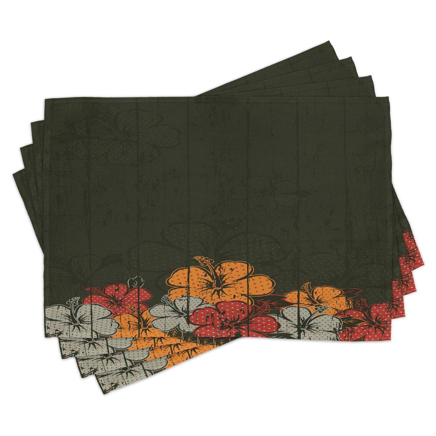 Ambesonne Floral Place Mats Set of 4 - Abstract Wooden Backdrop with Hawaiian Flowers, Leaves & Blooms - Washable Fabric Table Mats for Dining Room & Kitchen Decor in Amber Red & Army Green - Perfect for Dinner Parties, Holiday Gatherings & Everyday Meals