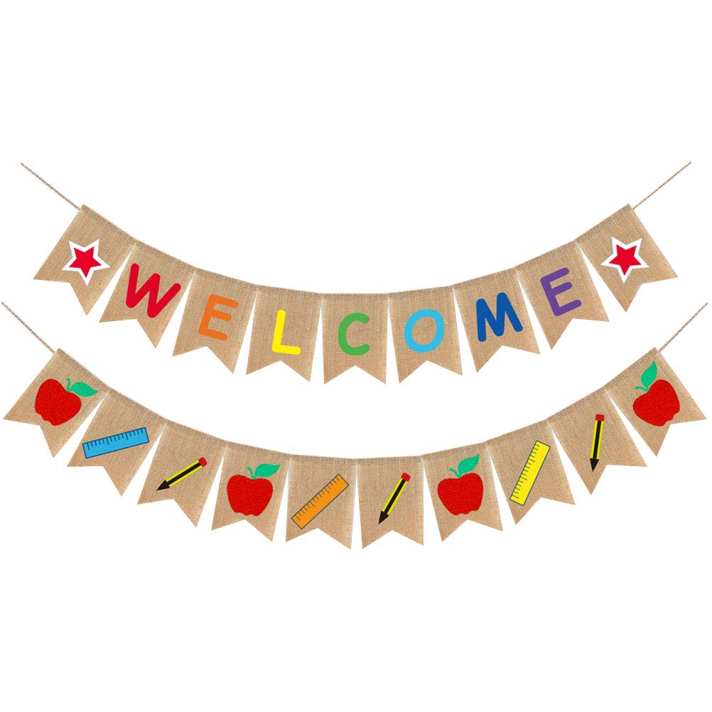 First Day of School Burlap Banner - Welcome Back Bunting for Classroom Decor, Party Pull Flag, Photo Props - Perfect for Back to School Decorations & Celebrations