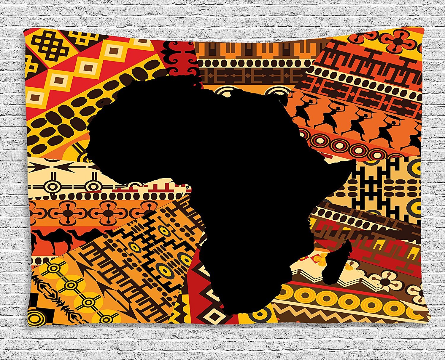 Ambesonne African Tapestry Wall Art - Abstract Map Design on Carpet Background, 60x40 Inch Large Wall Hanging Decor for Bedroom, Living Room, Dorm - Black and Orange - Perfect for Boho Chic Home Decor & Cultural Theme Parties