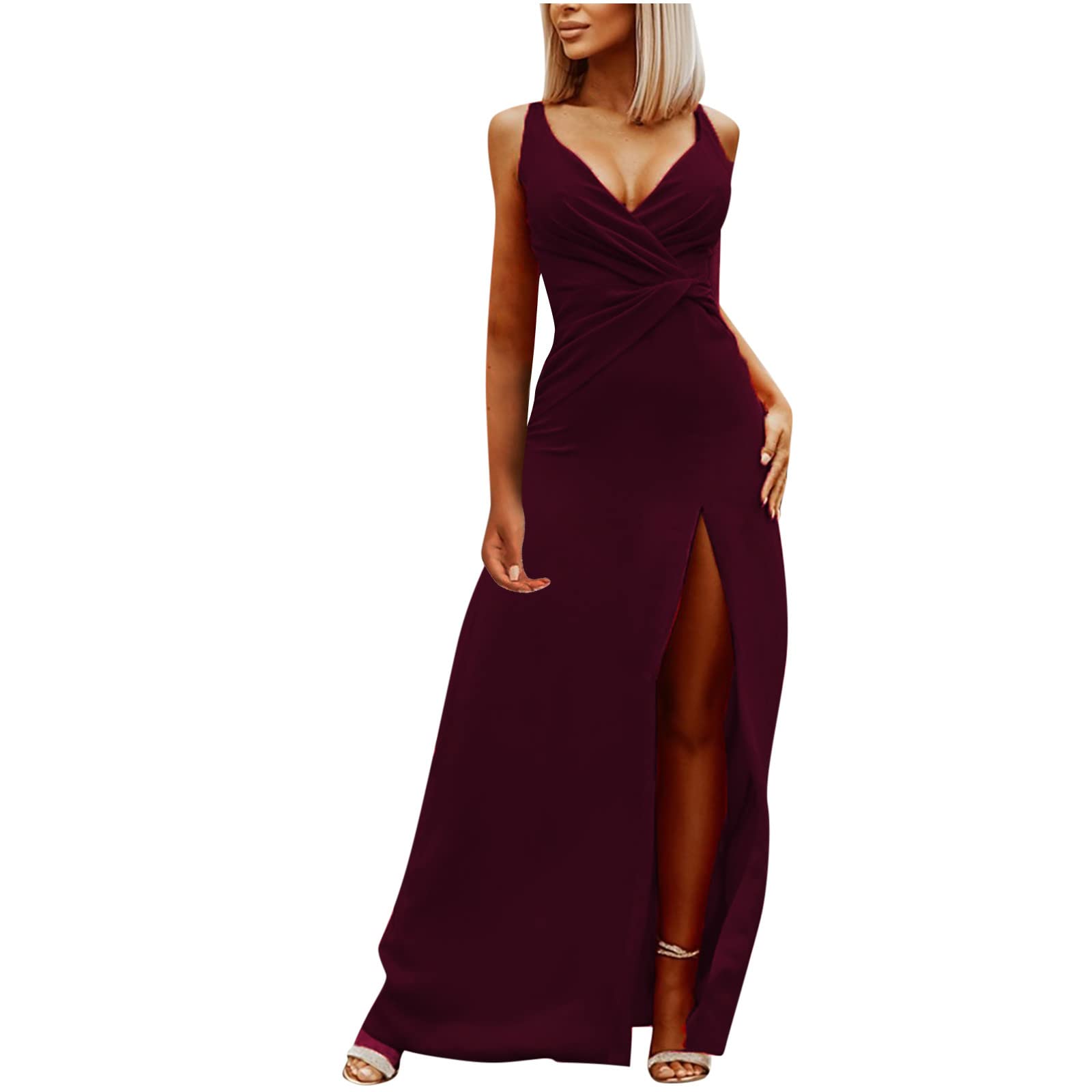 Elegant Sleeveless Plunge V-Neck Ruched Split Maxi Dress for Women | Sexy Wedding Guest Dress, Evening Gown & Party Dress | Perfect for Weddings, Cocktail Parties, Date Nights & Formal Events