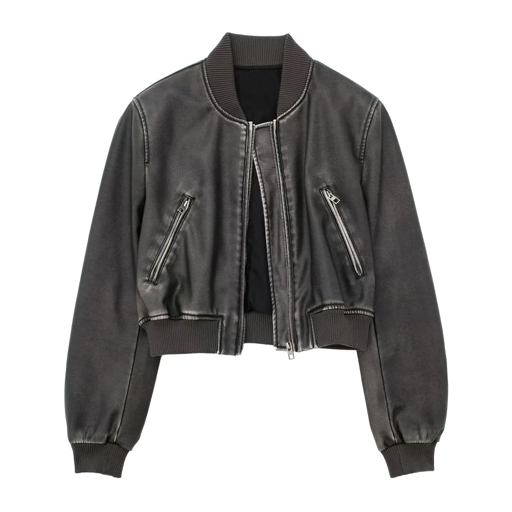 Vintage PU Leather Women's Bomber Jacket - Faux Leather Cropped Zip Up Jacket with Pockets | Casual Outerwear for Streetwear & Night Out Fashion
