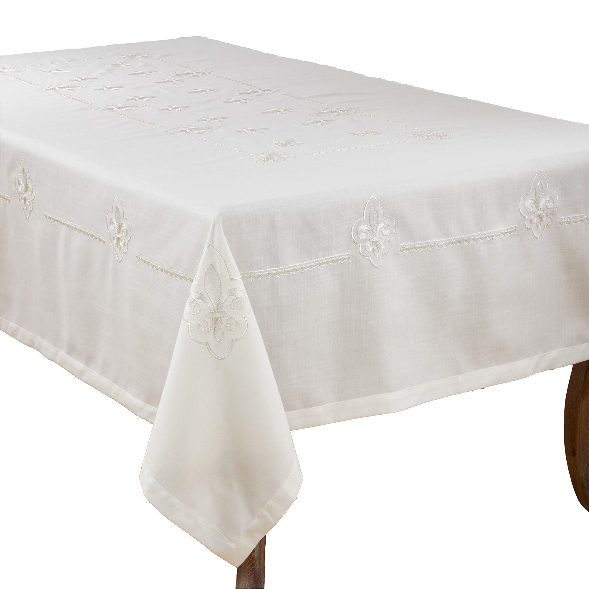 Fennco Styles Fabia Collection 69-inch Elegant Embroidered Fleur de Lis Square Tablecloth - Ivory Dining Table Cover for Wedding, Banquet, Dinner Party & Home Decor | Perfect for Formal Events, Holiday Gatherings & Upscale Home Styling