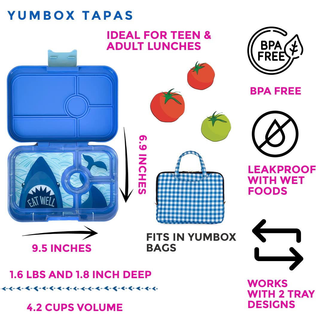 Yumbox Tapas Leakproof Bento Box - 4 Compartment Lunch Box for Kids & Adults | True Blue with Shark Tray | Perfect for School, Work, Picnics & Travel