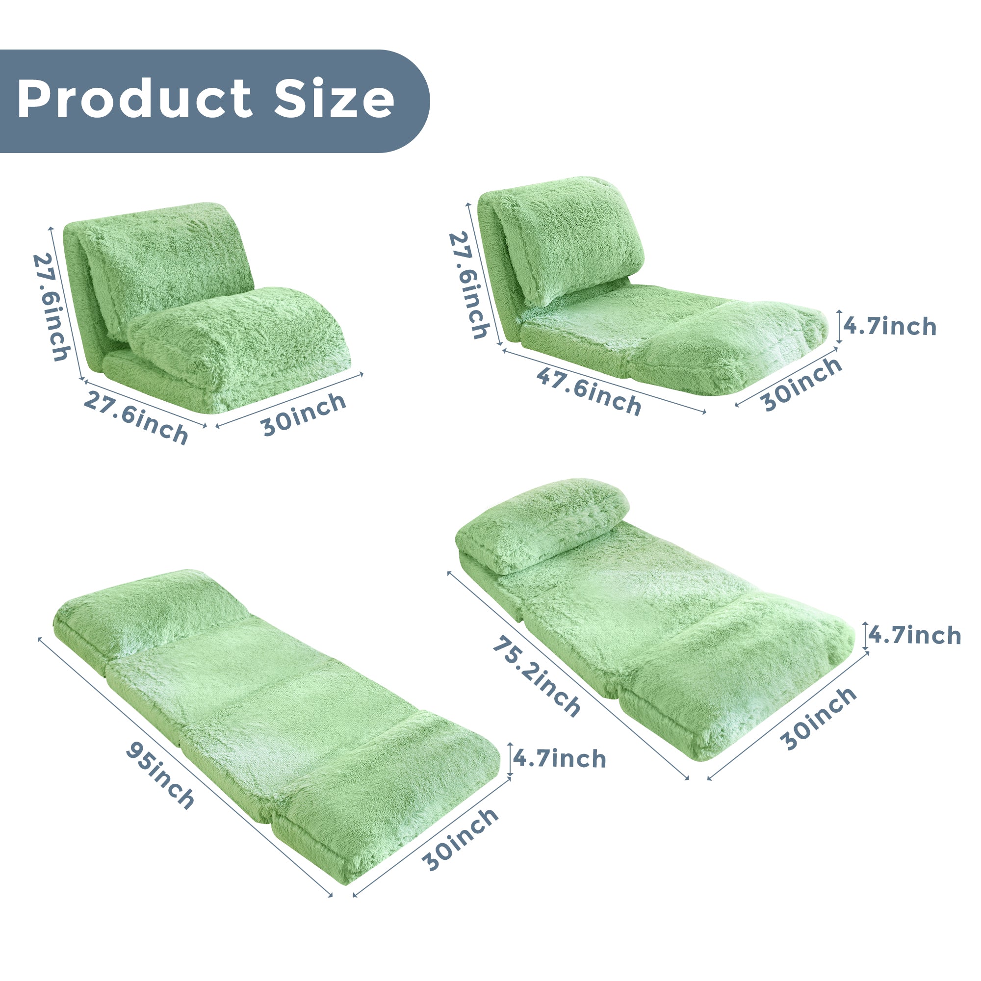 MAXYOYO Faux Fur Bean Bag Chair - Foldable Floor Sofa Bed with Foam Filling, Green Wall Couch Sleeper for Living Room, Bedroom & Dorm | Comfortable Lounge Chair for Reading, Gaming & Relaxing
